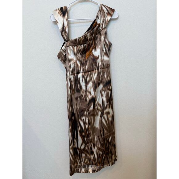 NWT Maggy London Brown Tan Cream Asymmetrical Neckline Cocktail Dress 14 - Picture 2 of 8